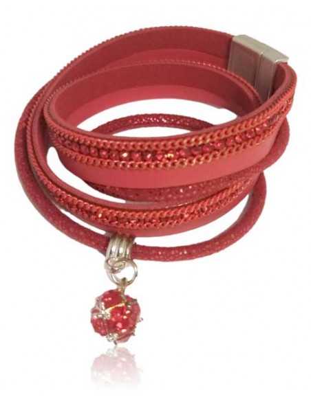 Bracelet multi-tours cuir et charm boule facettée