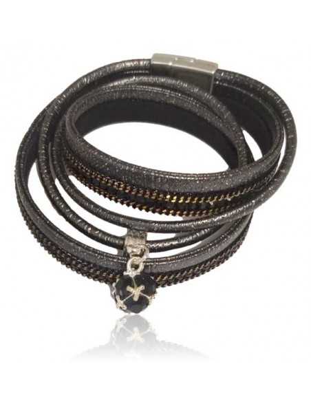 Bracelet multi-tours cuir et charm boule facettée