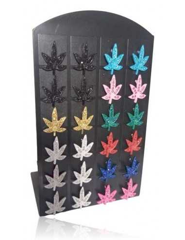 Support + 12 paires de B.O motif feuilles de canabis serties