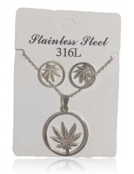Parure acier collier pendentif feuille de cannabis et boucles d'oreilles