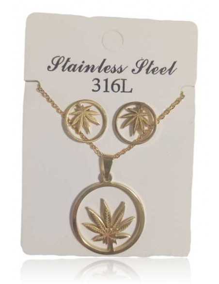 Parure acier collier pendentif feuille de cannabis et boucles d'oreilles