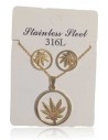Parure acier collier pendentif feuille de cannabis et boucles d'oreilles