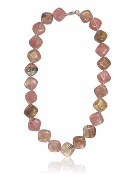 Collier quartz rose hematoide pierres carrées géométriques