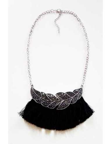 Collier fantaisie motif feuilles avec franges fil