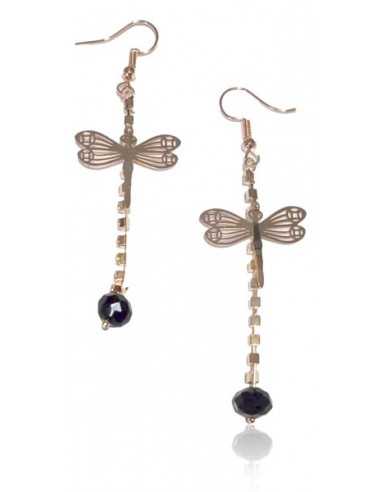 Boucles d'oreilles pendantes perle noire et papillon