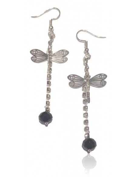 Boucles d'oreilles pendantes perle noire et papillon