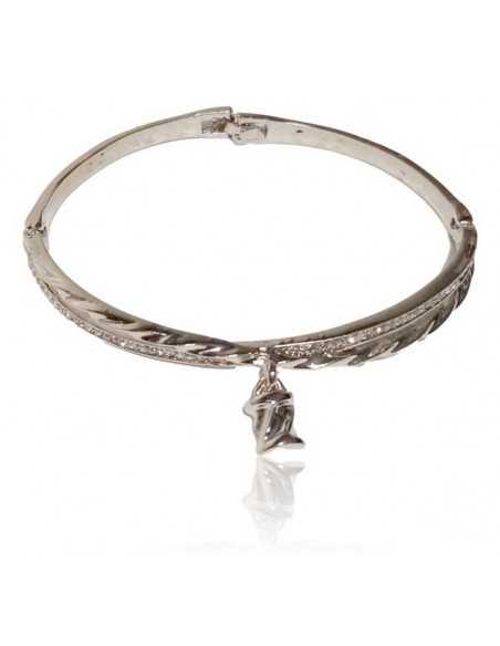 Bracelet jonc avec charm et double anneaux serti métal rhodié