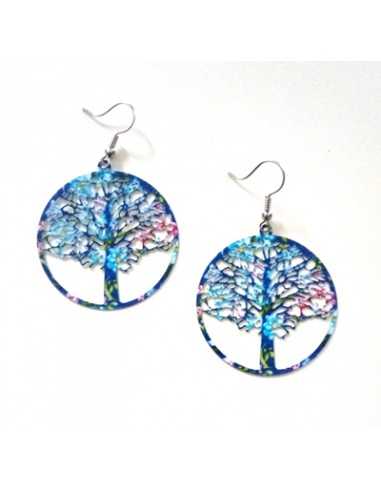 Boucles d'oreilles créoles motif arbre de vie coloré 5 cm