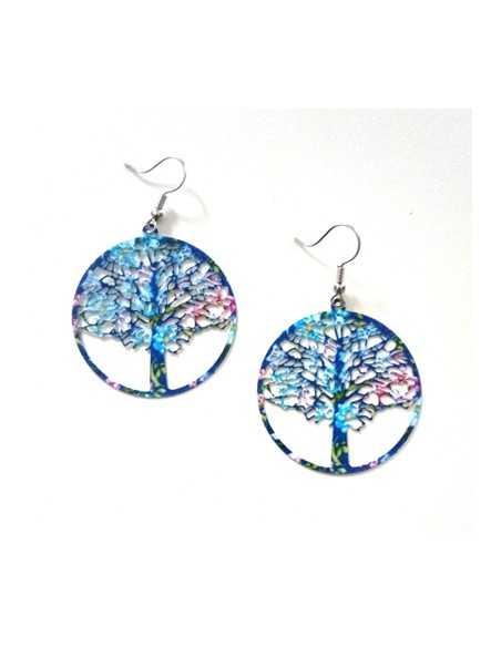Boucles d'oreilles créoles motif arbre de vie coloré 5 cm