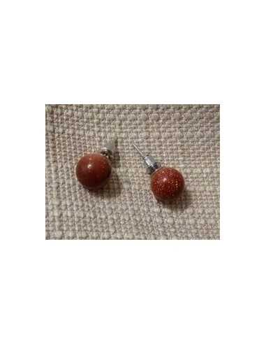 Boucles d'oreilles pierre de soleil marron puces rondes