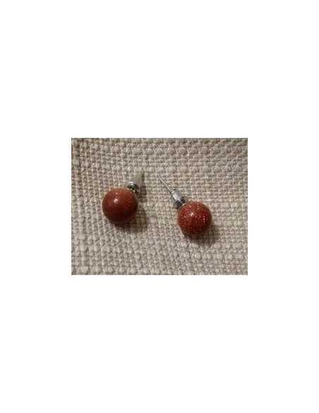 Boucles d'oreilles pierre de soleil marron puces rondes