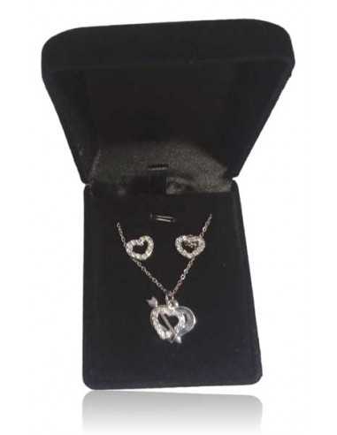 Parure coffret collier pendentif double coeur et flèche avec boucles