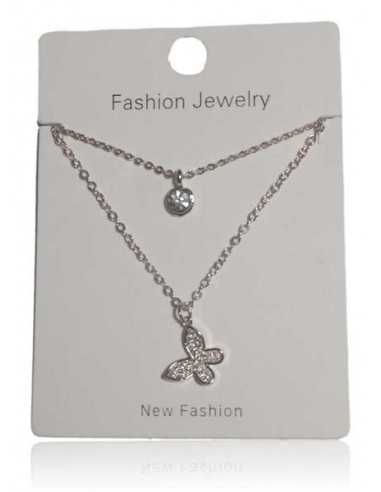 Collier acier inoxydable double chaine pendentif papillon serti