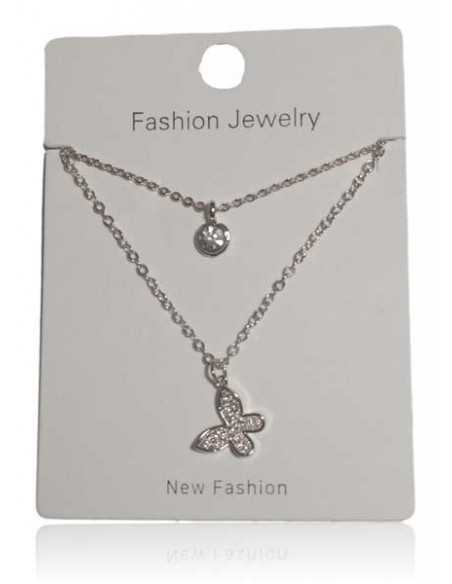 Collier acier inoxydable double chaine pendentif papillon serti