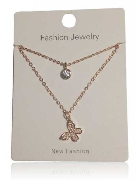 Collier acier inoxydable double chaine pendentif papillon serti