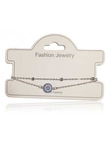 Bracelet fin double chaine cabochon serti de zirconium bleu et blanc