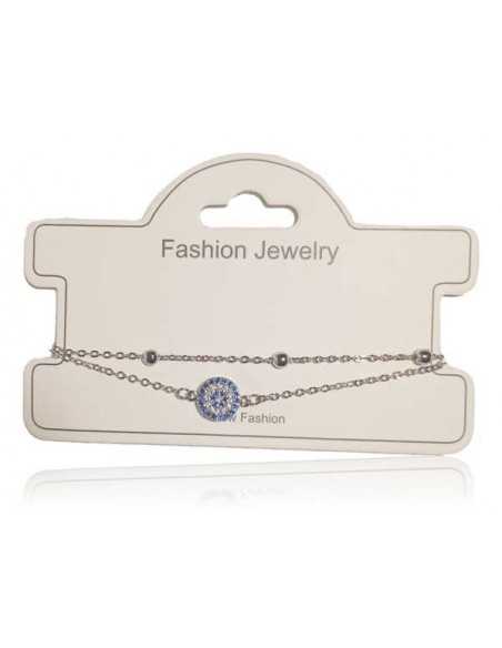 Bracelet fin double chaine cabochon serti de zirconium bleu et blanc