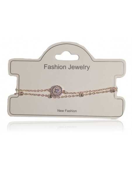 Bracelet fin double chaine cabochon serti de zirconium bleu et blanc