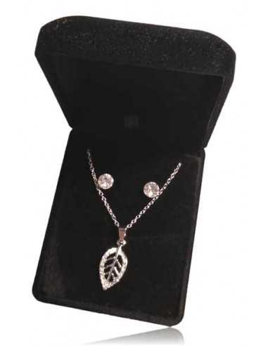 Parure coffret collier pendentif feuille texturée sertie et boucles