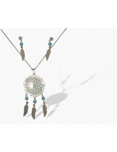 Parure acier collier ethnique pendentif mandalas turquoise et boucles