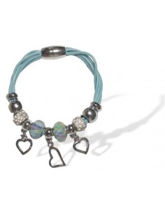Bracelet cordons bleu multirangs pampilles coeurs & perles