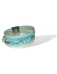 Manchette cuir multirangs bleue décorée de perles nacre