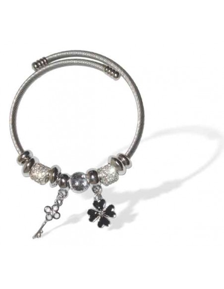 Bracelet jonc acier inoxydable charms trèfle et clef