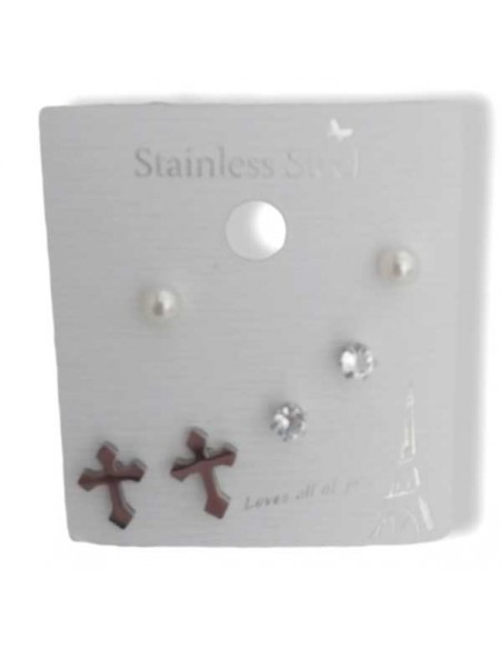 Lot de 3 paires boucles d'oreilles acier motif croix