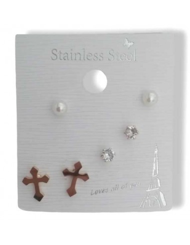 Lot de 3 paires boucles d'oreilles acier motif croix