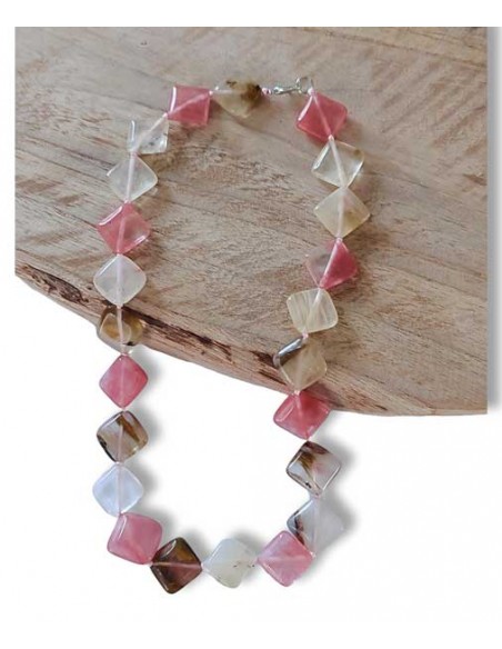 Collier quartz rose hematoide pierres carrées géométriques