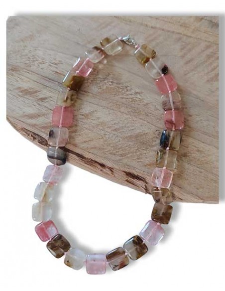 Collier quartz rose hematoide pierres carrées