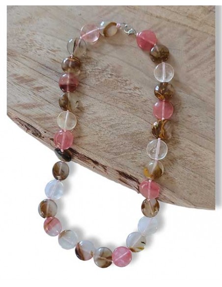 Collier quartz rose hematoide pierres rondes pastilles