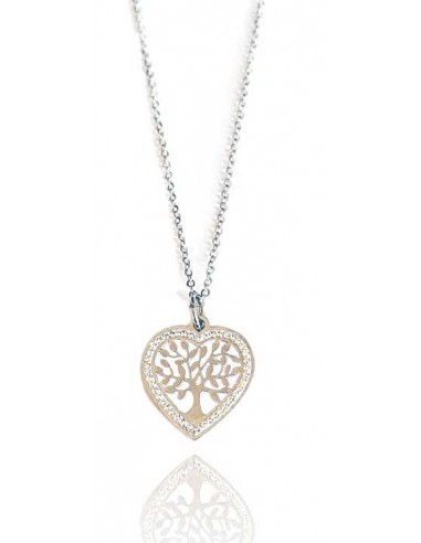 Collier acier pendentif coeur motif arbre de vie serti