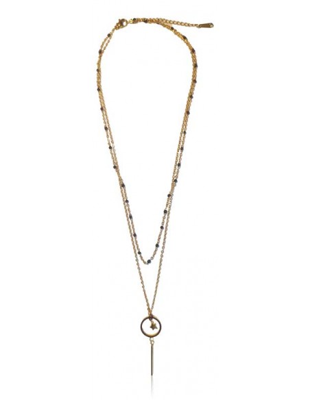 Collier acier doré double chaine pendentif cercle étoile