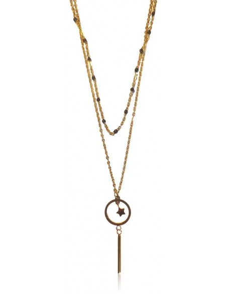 Collier acier doré double chaine pendentif cercle étoile