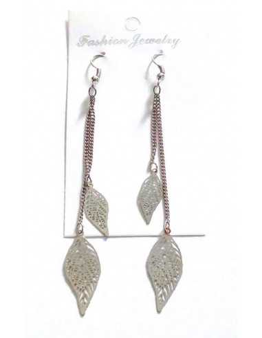 Boucles d'oreilles pendantes double feuilles filigrane 7 cm