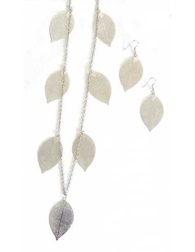 Sautoir fantaisie pendentifs feuilles avec boucles d'oreilles