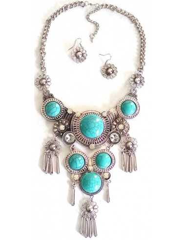 Parure collier bohème turquoises d'imitation serties