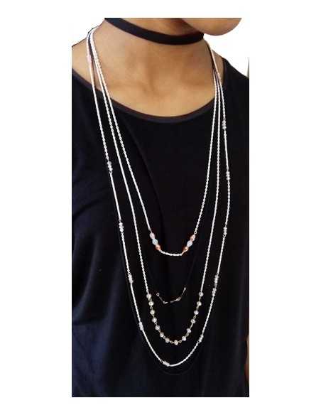 Collier sautoir ruban & multi-chaînes perles fantaisies 104 cm